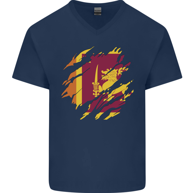 Torn Sri Lankan Flag Sri Lanka Day Football Mens V-Neck Cotton T-Shirt Navy Blue