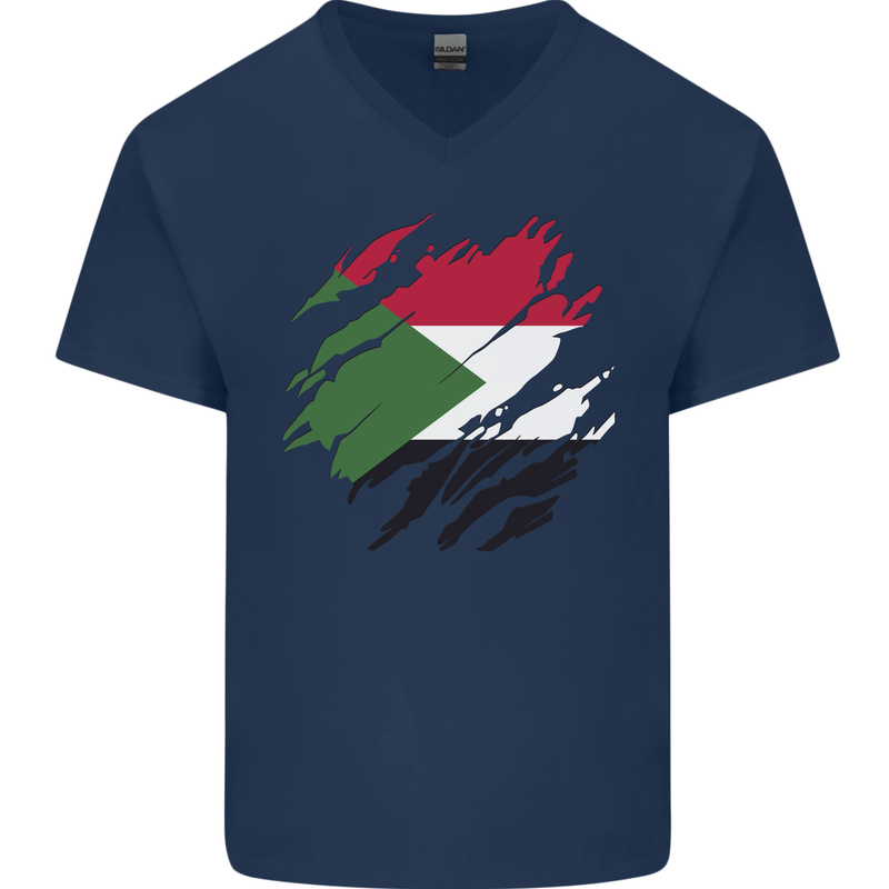 Torn Sudan Flag Sudanese Day Football Mens V-Neck Cotton T-Shirt Navy Blue