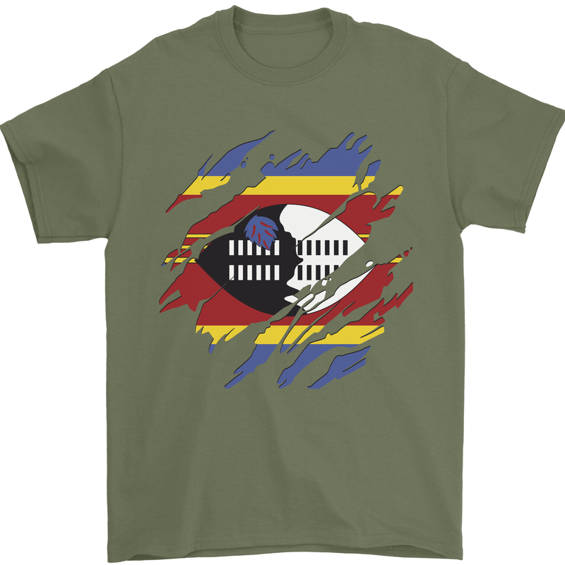 Torn Swaziland Flag Swazi Day Football Mens T-Shirt 100% Cotton Military Green