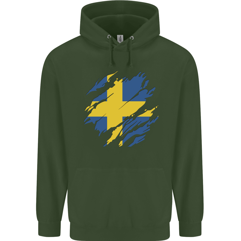 Torn Swedish Flag Sweden Day Football Childrens Kids Hoodie Forest Green