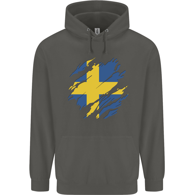 Torn Swedish Flag Sweden Day Football Childrens Kids Hoodie Storm Grey