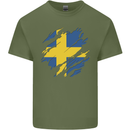 Torn Swedish Flag Sweden Day Football Mens Cotton T-Shirt Tee Top Military Green
