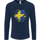 Torn Swedish Flag Sweden Day Football Mens Long Sleeve T-Shirt Navy Blue