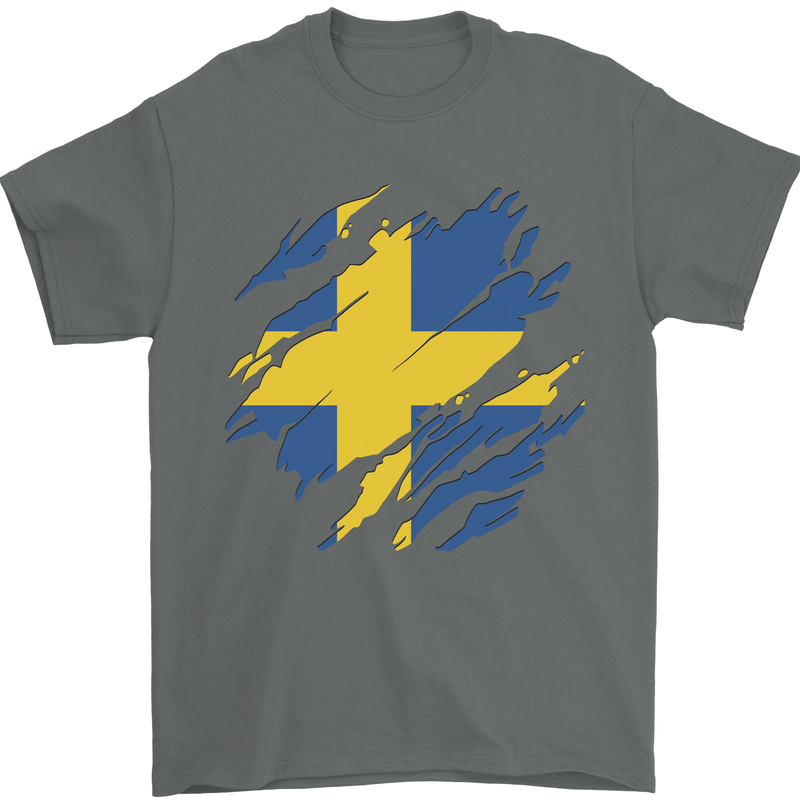 Torn Swedish Flag Sweden Day Football Mens T-Shirt 100% Cotton Charcoal