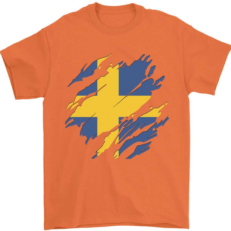 Torn Swedish Flag Sweden Day Football Mens T-Shirt 100% Cotton Orange