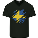 Torn Swedish Flag Sweden Day Football Mens V-Neck Cotton T-Shirt Black