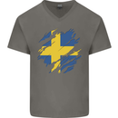 Torn Swedish Flag Sweden Day Football Mens V-Neck Cotton T-Shirt Charcoal
