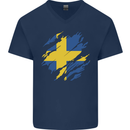 Torn Swedish Flag Sweden Day Football Mens V-Neck Cotton T-Shirt Navy Blue