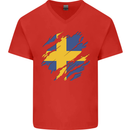Torn Swedish Flag Sweden Day Football Mens V-Neck Cotton T-Shirt Red