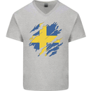 Torn Swedish Flag Sweden Day Football Mens V-Neck Cotton T-Shirt Sports Grey