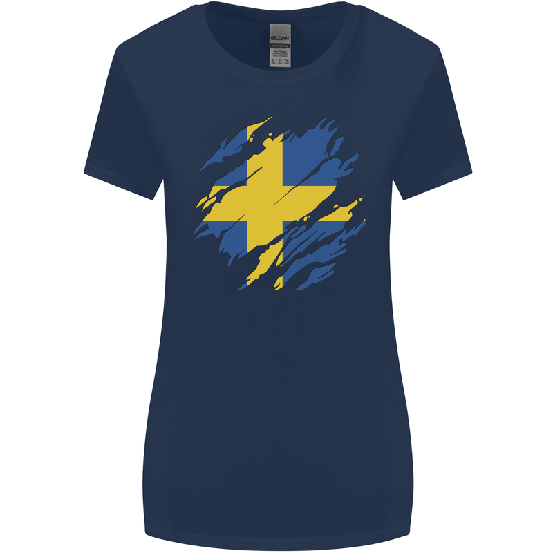Torn Swedish Flag Sweden Day Football Womens Wider Cut T-Shirt Navy Blue