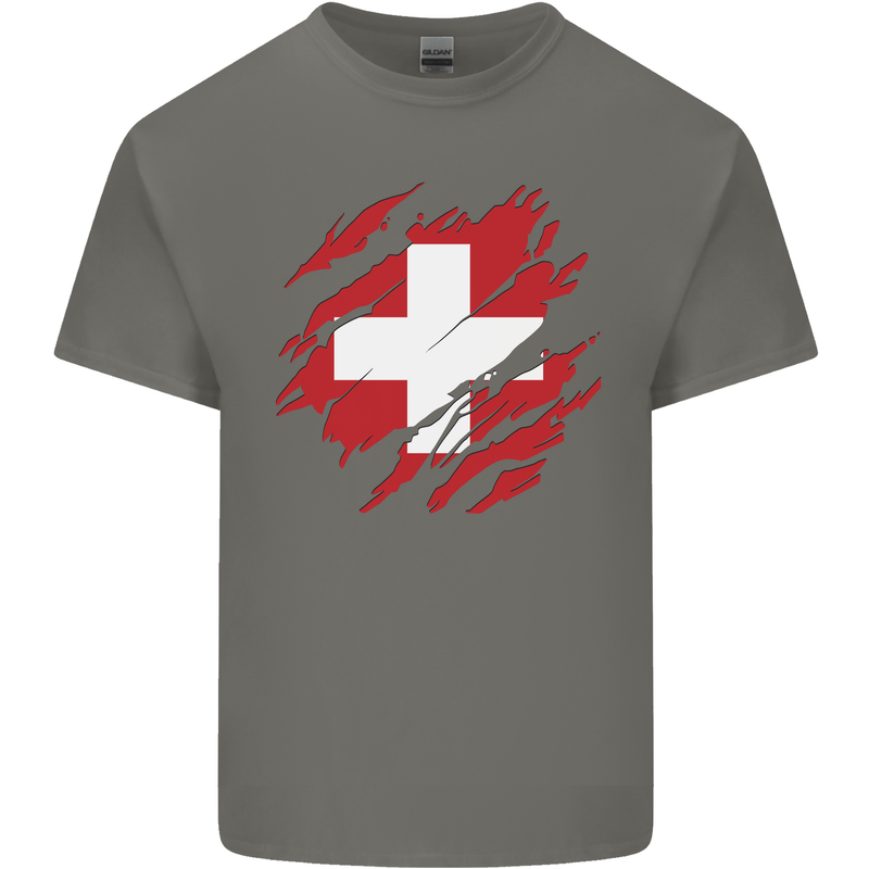 Torn Switzerland Flag Swiss Day Football Kids T-Shirt Childrens Charcoal