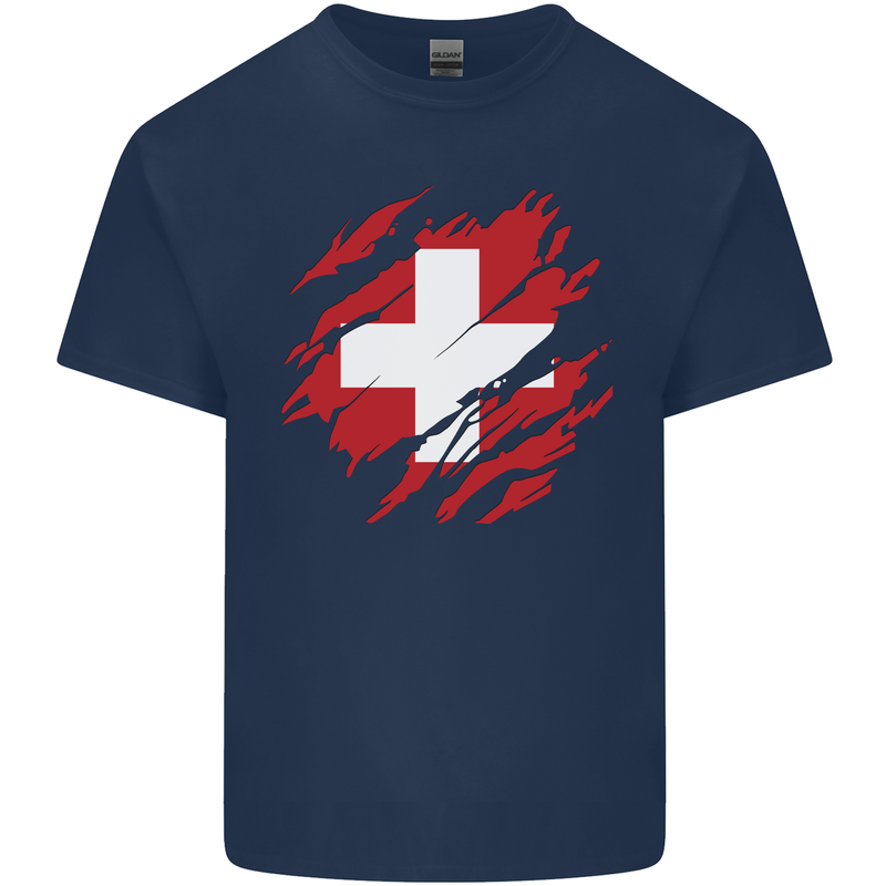 Torn Switzerland Flag Swiss Day Football Kids T-Shirt Childrens Navy Blue