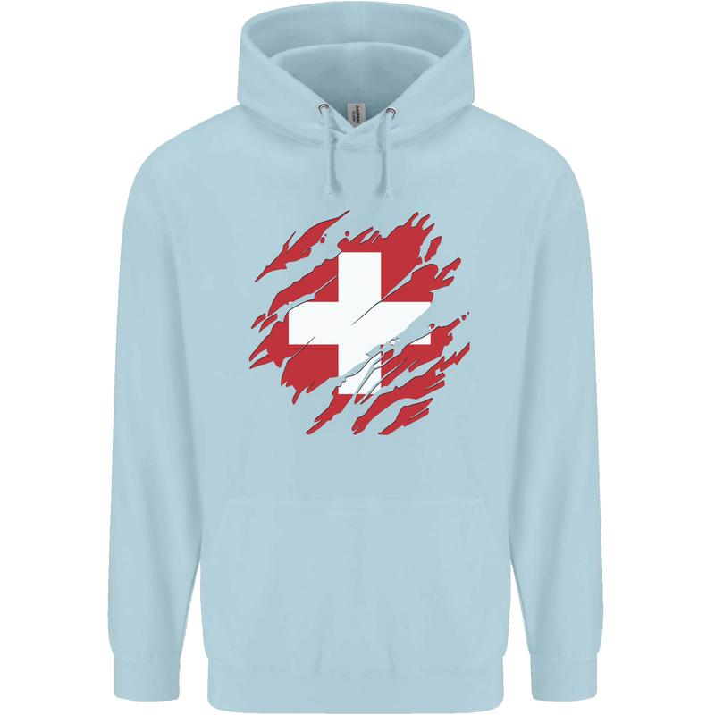 Torn Switzerland Flag Swiss Day Football Mens 80% Cotton Hoodie Light Blue