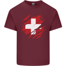 Torn Switzerland Flag Swiss Day Football Mens Cotton T-Shirt Tee Top Maroon