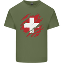 Torn Switzerland Flag Swiss Day Football Mens Cotton T-Shirt Tee Top Military Green