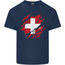 Torn Switzerland Flag Swiss Day Football Mens Cotton T-Shirt Tee Top Navy Blue