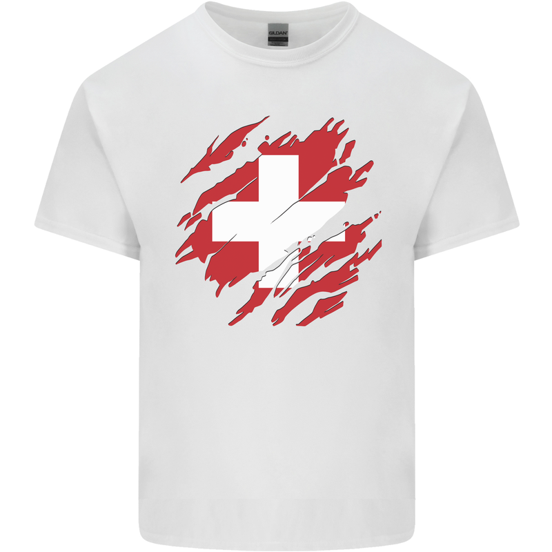 Torn Switzerland Flag Swiss Day Football Mens Cotton T-Shirt Tee Top White