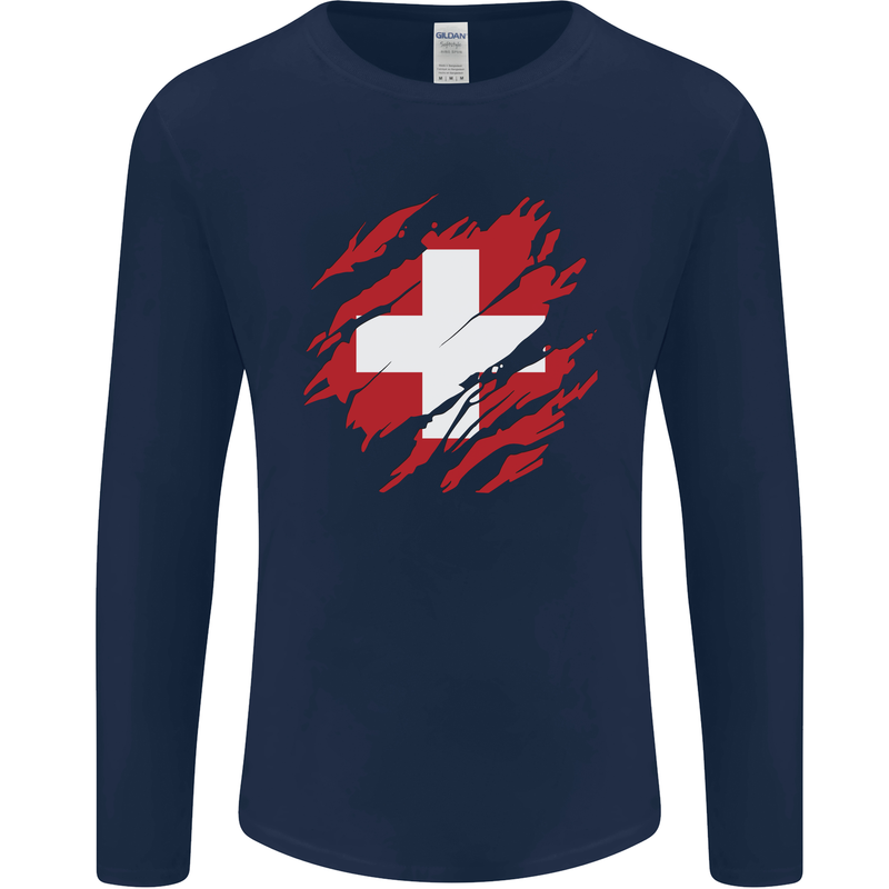 Torn Switzerland Flag Swiss Day Football Mens Long Sleeve T-Shirt Navy Blue