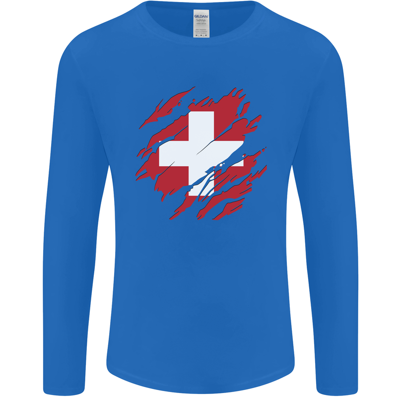 Torn Switzerland Flag Swiss Day Football Mens Long Sleeve T-Shirt Royal Blue