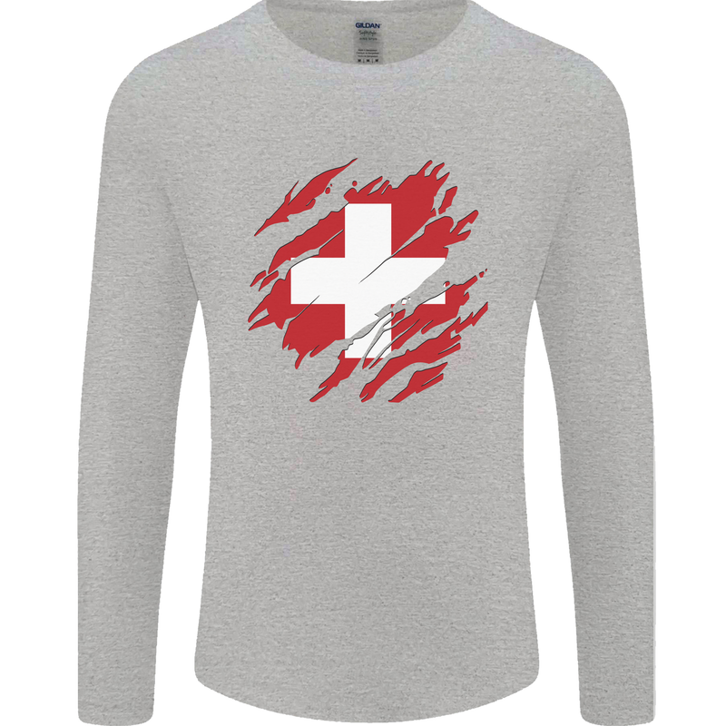 Torn Switzerland Flag Swiss Day Football Mens Long Sleeve T-Shirt Sports Grey