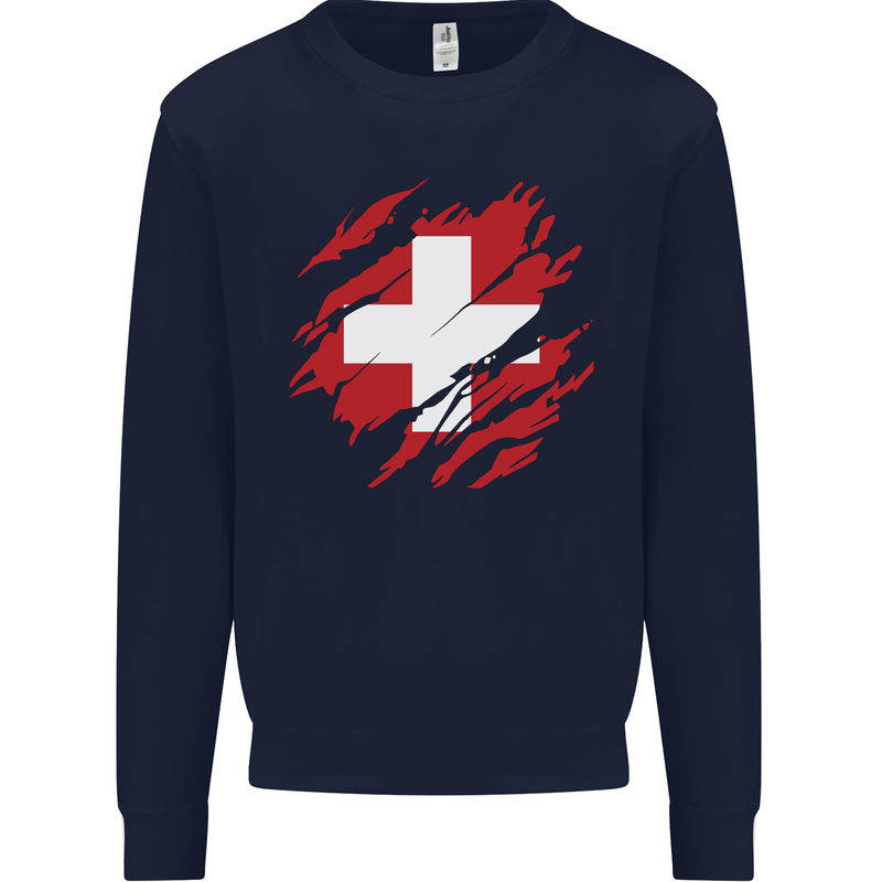 Torn Switzerland Flag Swiss Day Football Mens Sweatshirt Jumper Navy Blue