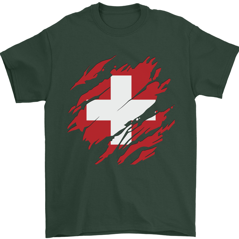 Torn Switzerland Flag Swiss Day Football Mens T-Shirt 100% Cotton Forest Green