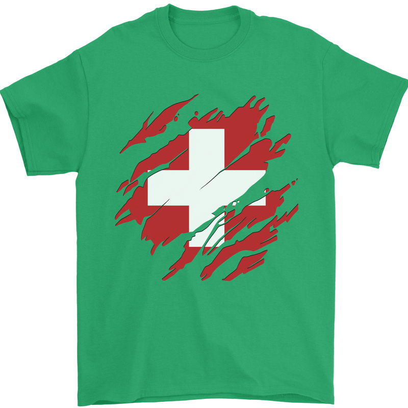 Torn Switzerland Flag Swiss Day Football Mens T-Shirt 100% Cotton Irish Green