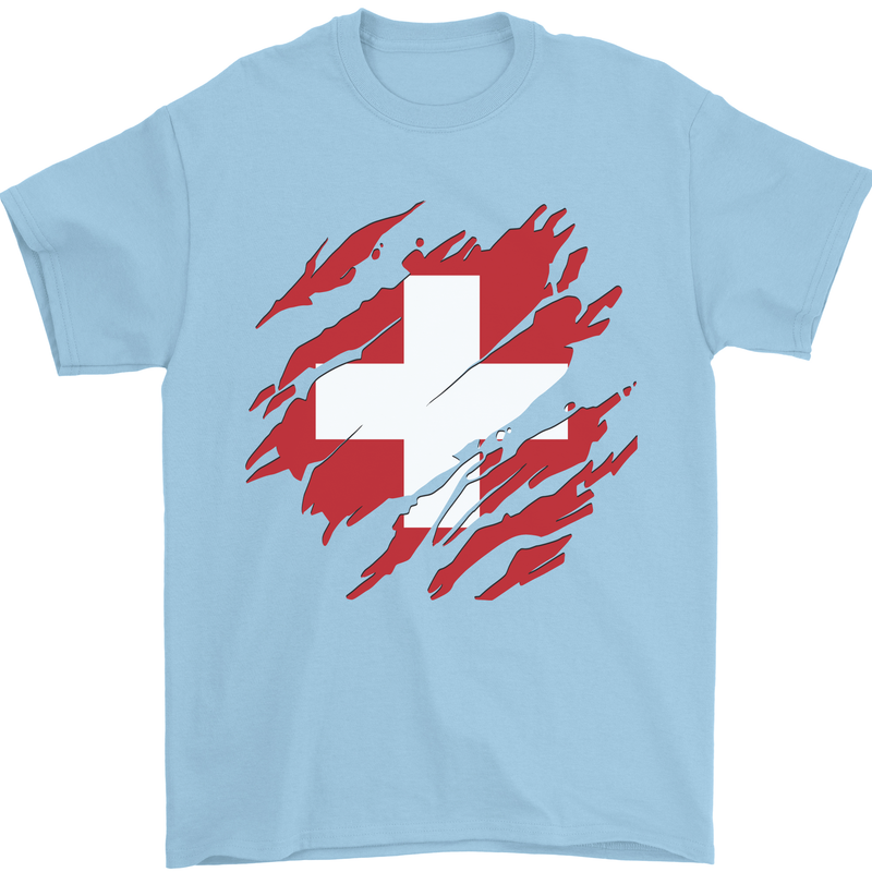 Torn Switzerland Flag Swiss Day Football Mens T-Shirt 100% Cotton Light Blue