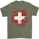 Torn Switzerland Flag Swiss Day Football Mens T-Shirt 100% Cotton Military Green