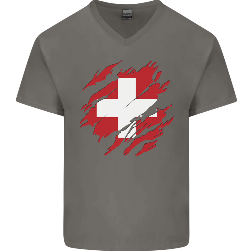 Torn Switzerland Flag Swiss Day Football Mens V-Neck Cotton T-Shirt Charcoal