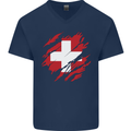Torn Switzerland Flag Swiss Day Football Mens V-Neck Cotton T-Shirt Navy Blue