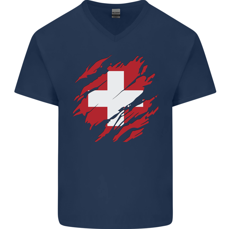 Torn Switzerland Flag Swiss Day Football Mens V-Neck Cotton T-Shirt Navy Blue