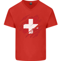 Torn Switzerland Flag Swiss Day Football Mens V-Neck Cotton T-Shirt Red