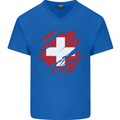Torn Switzerland Flag Swiss Day Football Mens V-Neck Cotton T-Shirt Royal Blue