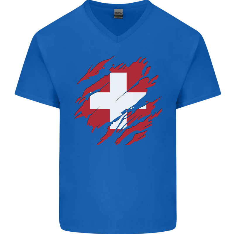 Torn Switzerland Flag Swiss Day Football Mens V-Neck Cotton T-Shirt Royal Blue