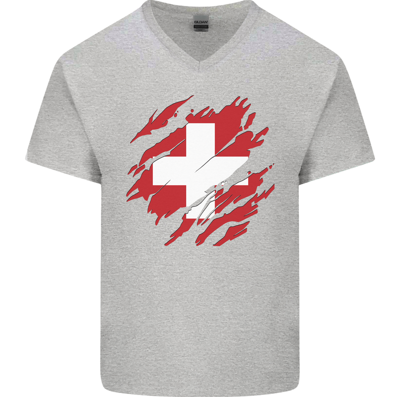 Torn Switzerland Flag Swiss Day Football Mens V-Neck Cotton T-Shirt Sports Grey