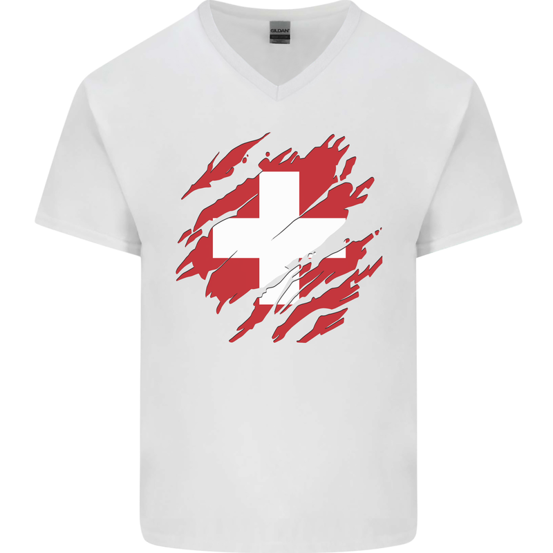 Torn Switzerland Flag Swiss Day Football Mens V-Neck Cotton T-Shirt White