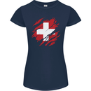 Torn Switzerland Flag Swiss Day Football Womens Petite Cut T-Shirt Navy Blue