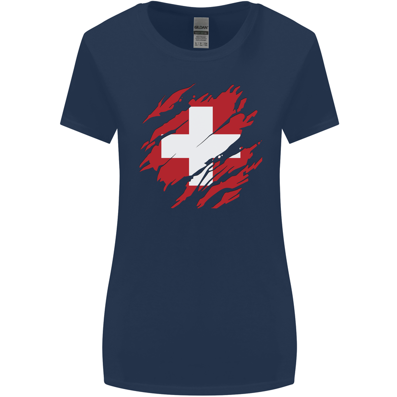 Torn Switzerland Flag Swiss Day Football Womens Wider Cut T-Shirt Navy Blue
