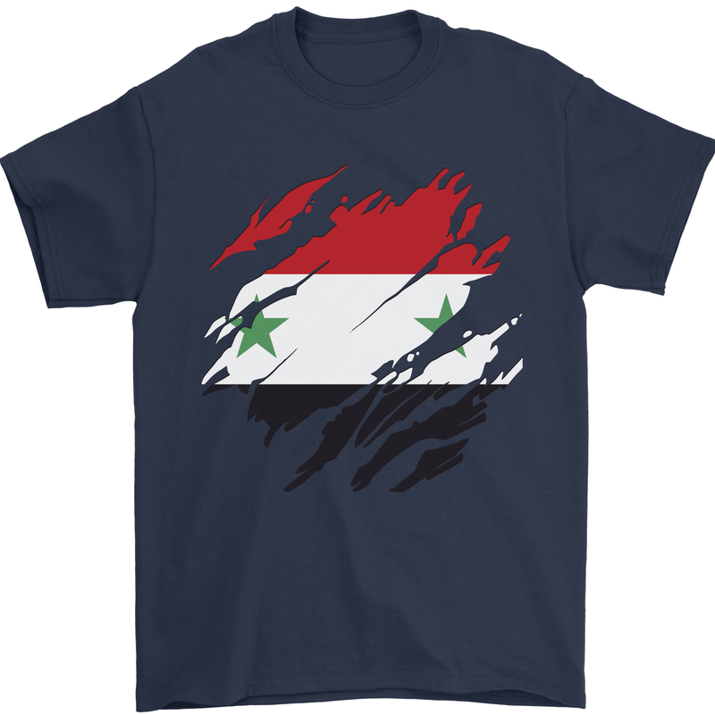 Torn Syria Flag Syrian Day Football Mens T-Shirt 100% Cotton Navy Blue