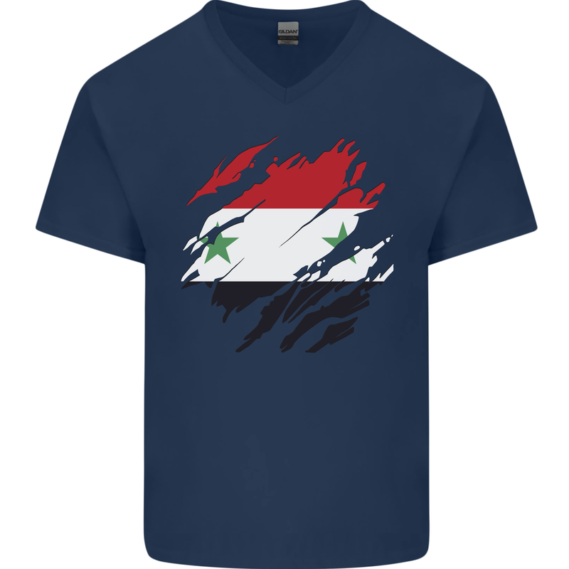 Torn Syria Flag Syrian Day Football Mens V-Neck Cotton T-Shirt Navy Blue