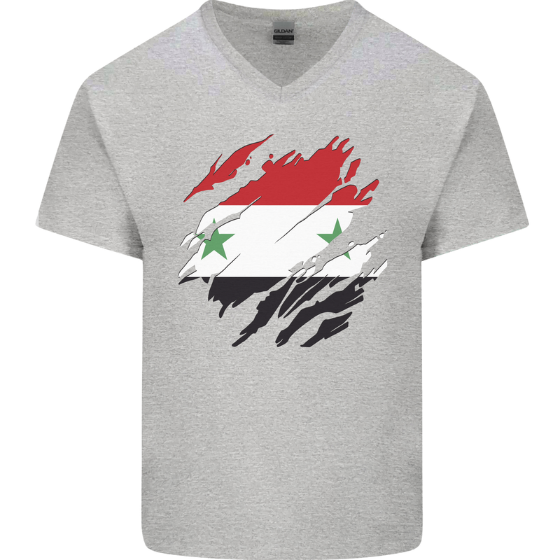Torn Syria Flag Syrian Day Football Mens V-Neck Cotton T-Shirt Sports Grey