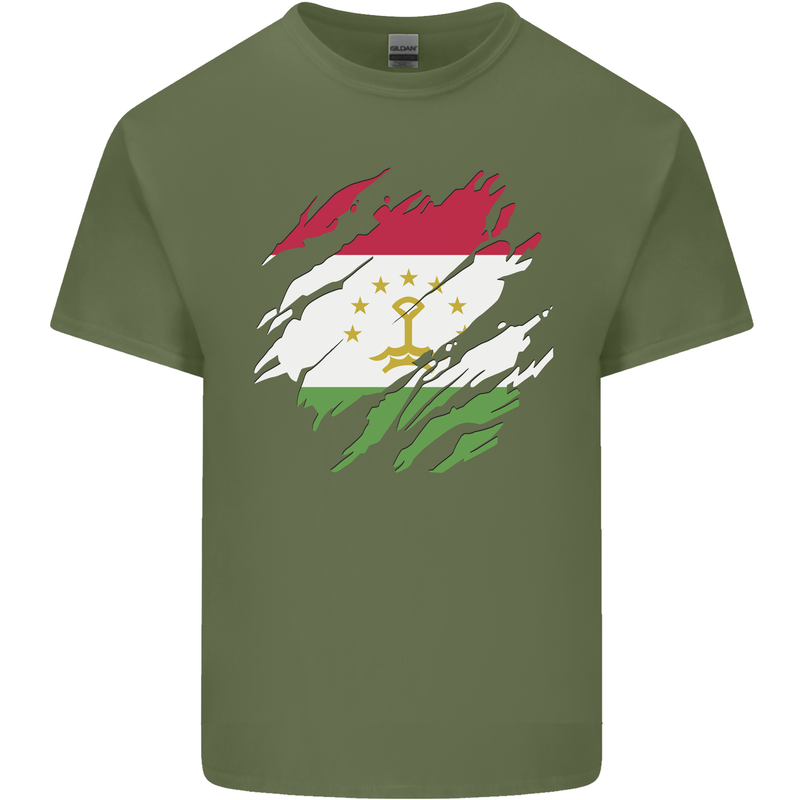 Torn Tajikistan Flag Tajik Day Football Mens Cotton T-Shirt Tee Top Military Green