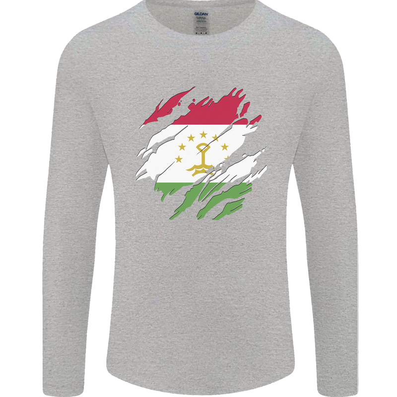 Torn Tajikistan Flag Tajik Day Football Mens Long Sleeve T-Shirt Sports Grey