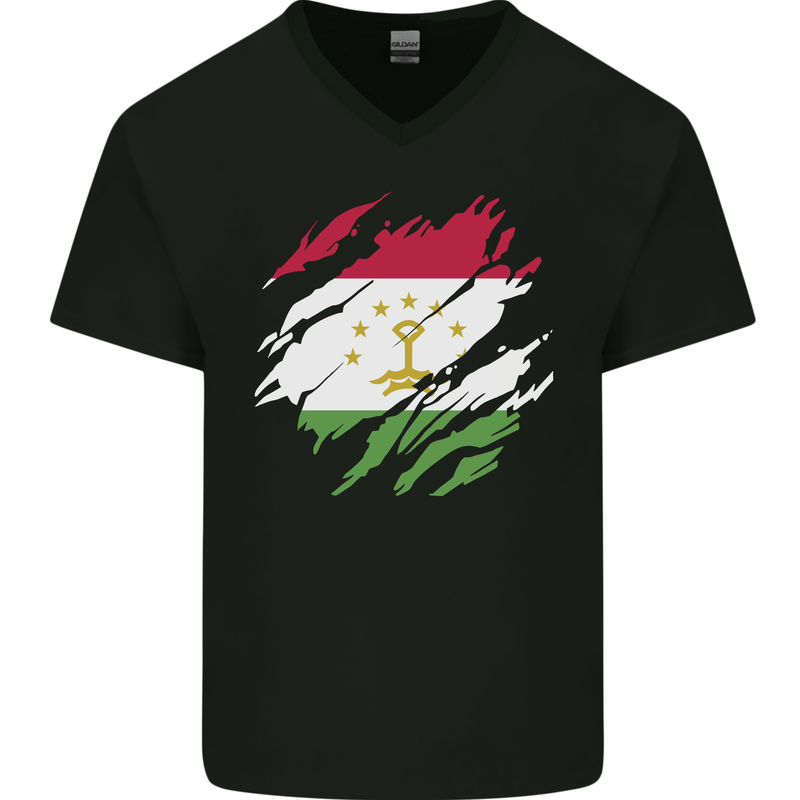 Torn Tajikistan Flag Tajik Day Football Mens V-Neck Cotton T-Shirt Black