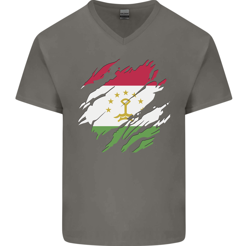 Torn Tajikistan Flag Tajik Day Football Mens V-Neck Cotton T-Shirt Charcoal