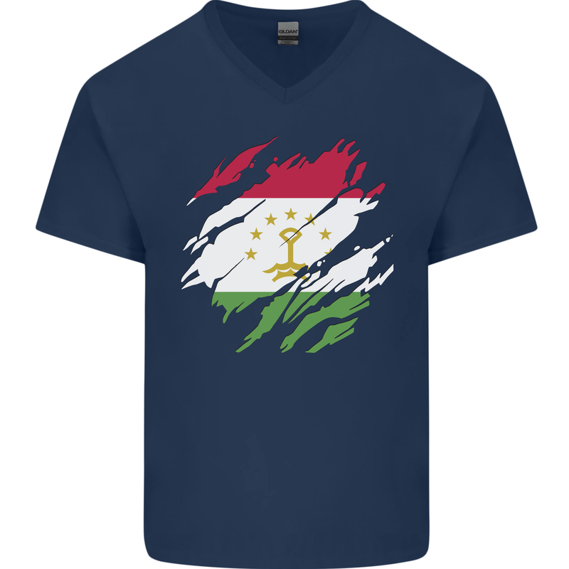 Torn Tajikistan Flag Tajik Day Football Mens V-Neck Cotton T-Shirt Navy Blue