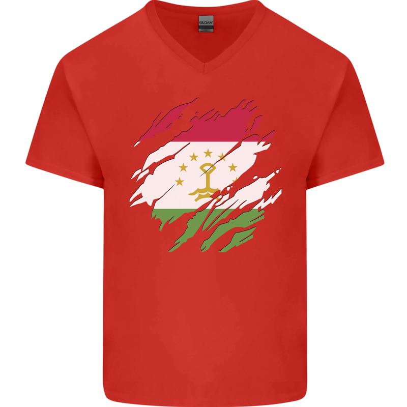 Torn Tajikistan Flag Tajik Day Football Mens V-Neck Cotton T-Shirt Red