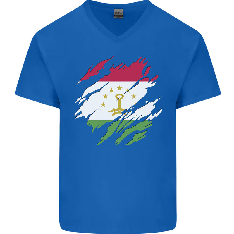 Torn Tajikistan Flag Tajik Day Football Mens V-Neck Cotton T-Shirt Royal Blue